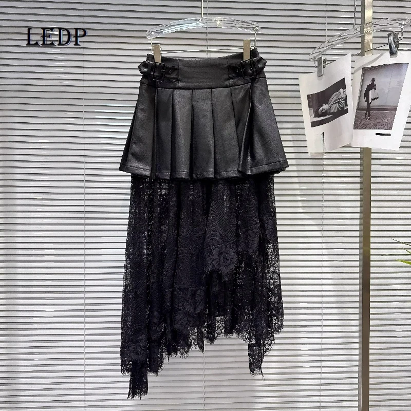 

2026 Spring Fashion Buckle PU Leather Women's Pleated Skirt Retro Design Black Splicing Lace Versatile Medium Long Skirts Ladies