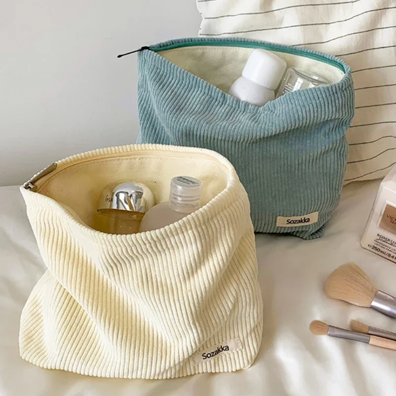 Bolsa de maquillaje de pana de Color sólido, bolsa de cosméticos, bolsa de almacenamiento de gran capacidad, bolsa de aseo portátil para el cuidado