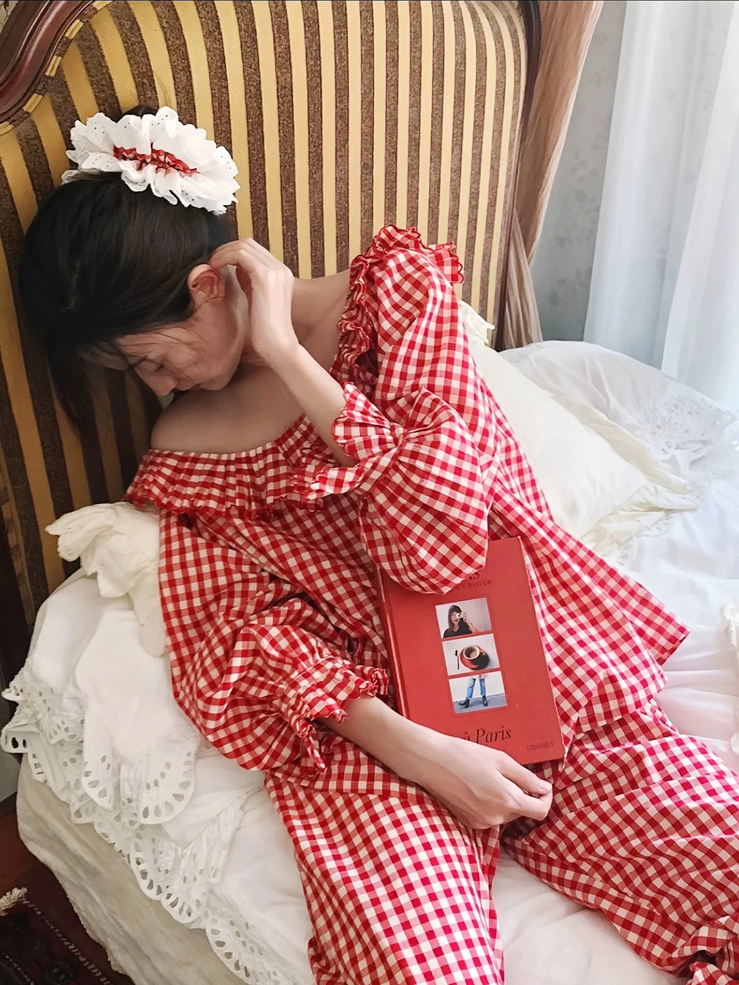 sweet-plaid-pure-cotton-sleepwear-women's-summer-new-round-neck-long-sleeve-home-clothes-set-comfortable-loose-fit-home-fashion
