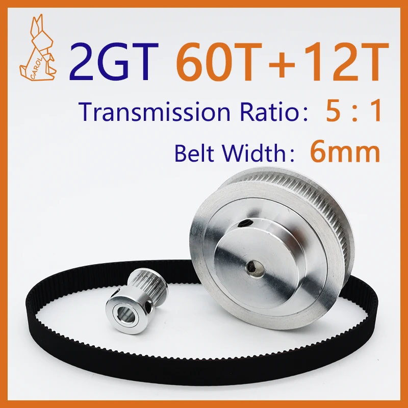 

60Teeth 12Teeth 2GT Timing Pulley Set Reduction 5:1 Belt Width 6mm 3D Printer Pulley 2M Synchronous Wheel 60T 12T GT2 Pulley Kit