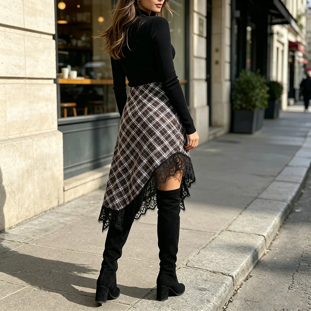 Vintage Plaid Midi Skirt Women High Waist Asymmetrical Skirt Black Lace Trim Irregular Hem Autumn Streetwear