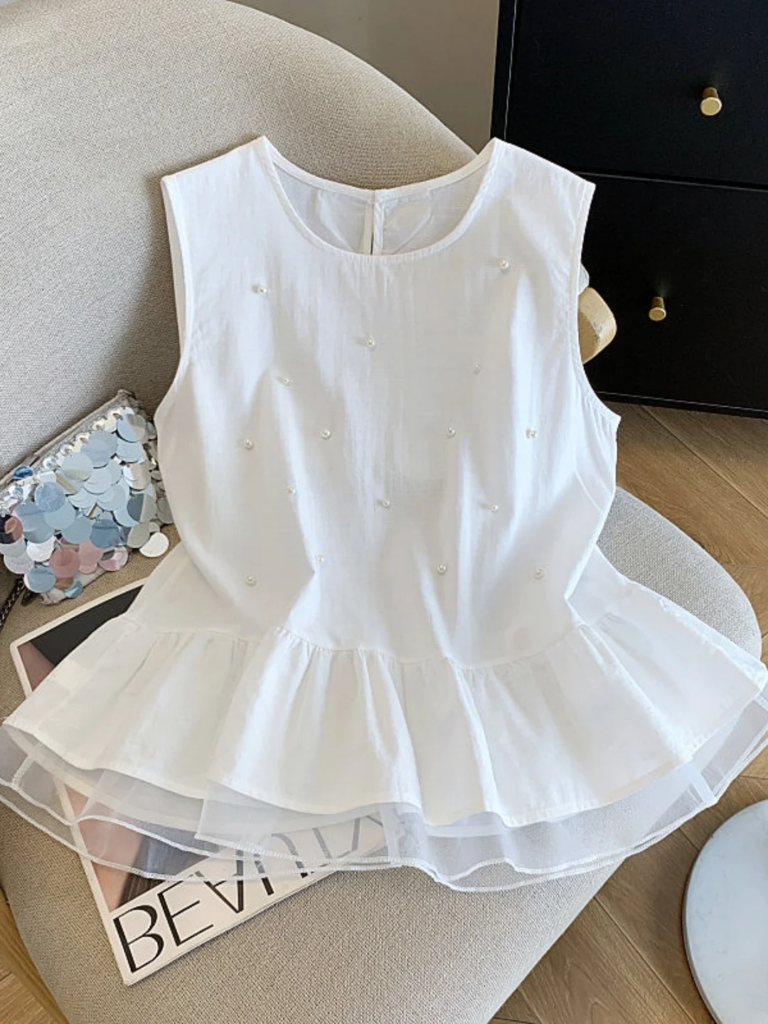 

Sweet Princess Style Heavy Embellished Ruffle Sleeveless Shirt Women Summer Small Size Waist Cinching Slimming Linen Top