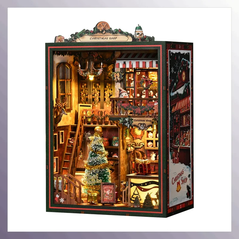 DIY Wooden Book Nook Shelf Insert Kit Christmas Shop Bookend Miniature Model Kits Light Bookshelf for Friends Birthday Gifts