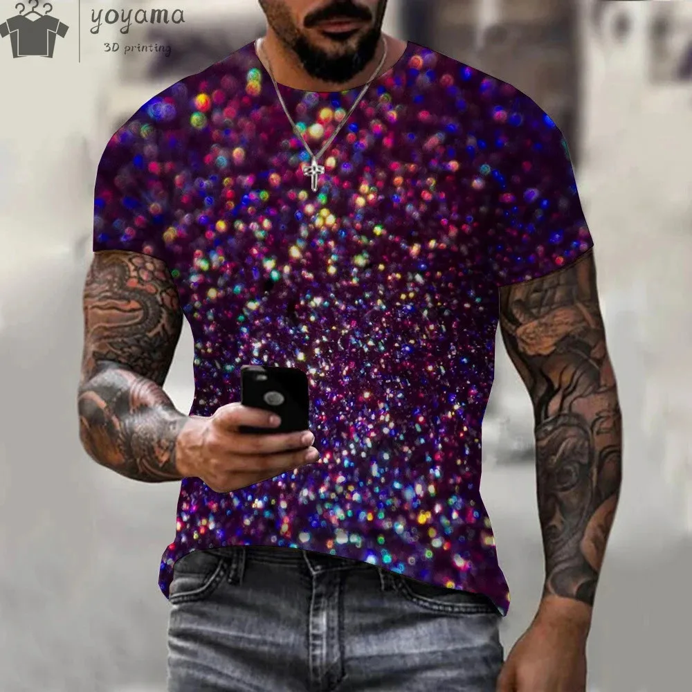 Hot Sale Summer Fashion Colorful Glitter 3d Printed Men T-Shirt Unisex Casual Trendy Oversize Men’s Short Sleeve O Neck Tops