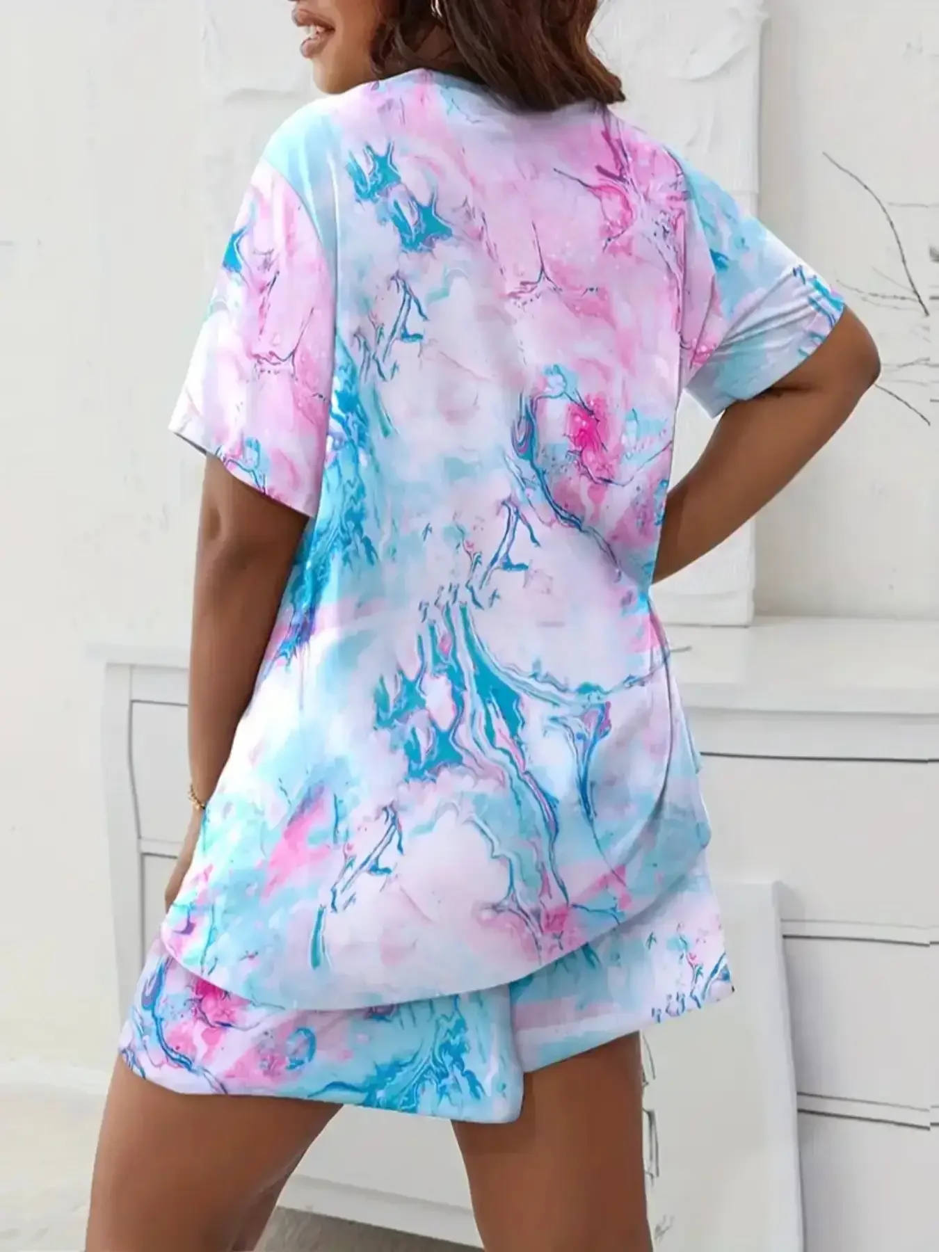 Plus Size Casual Loungewear komplet letni damski Plus Tie Dye krótki rękaw okrągły dekolt i szorty piżama dwuczęściowy komplet