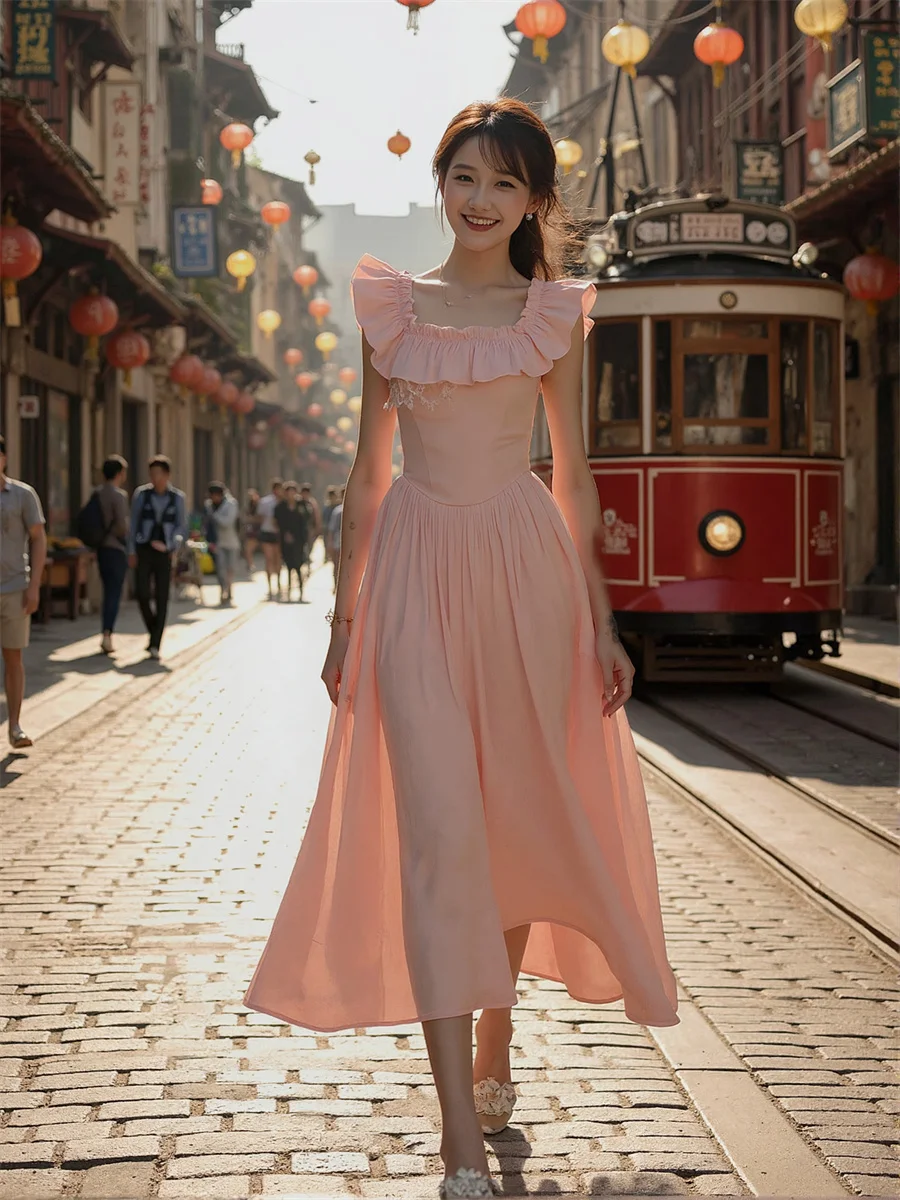 Vestido rosa feminino gola quadrada em camadas franzido mini ultra-curto micro curto coxa-alta sexy quente ousado picante feminino