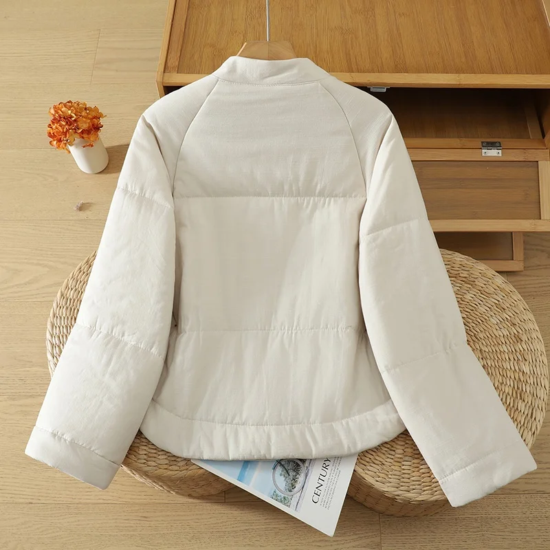 Women's Thickened Hanflax Cotton Jacket Single-Button Retro Artistic Winter Outerwear Pure Color Button up Cardigan