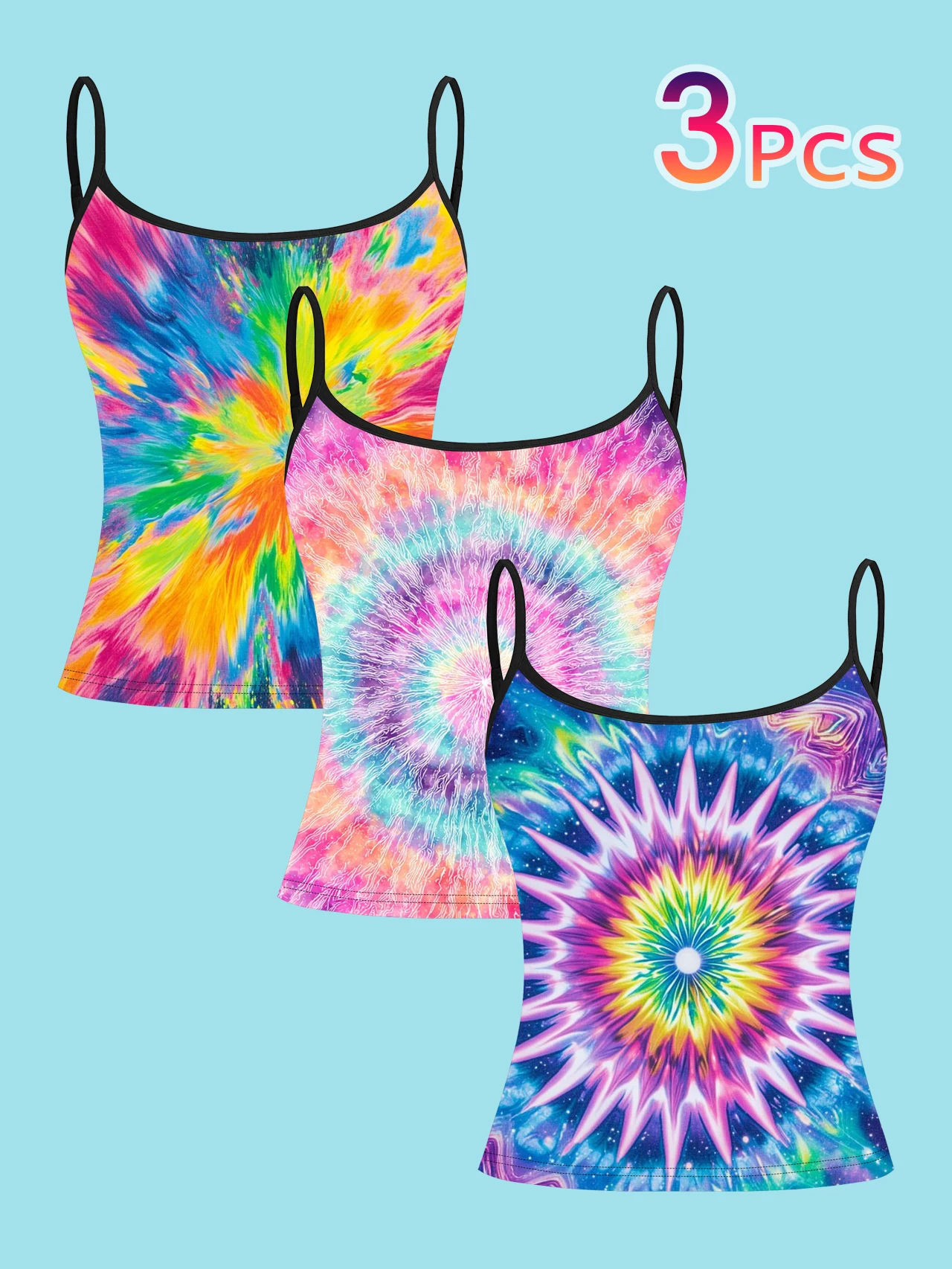 3-Pack Women's Tie-Dye Spiral Print Camisole, Hippie Style Rainbow Swirl Starburst Gradient Slim-Fit Spaghetti Strap Sleeveless Base Top