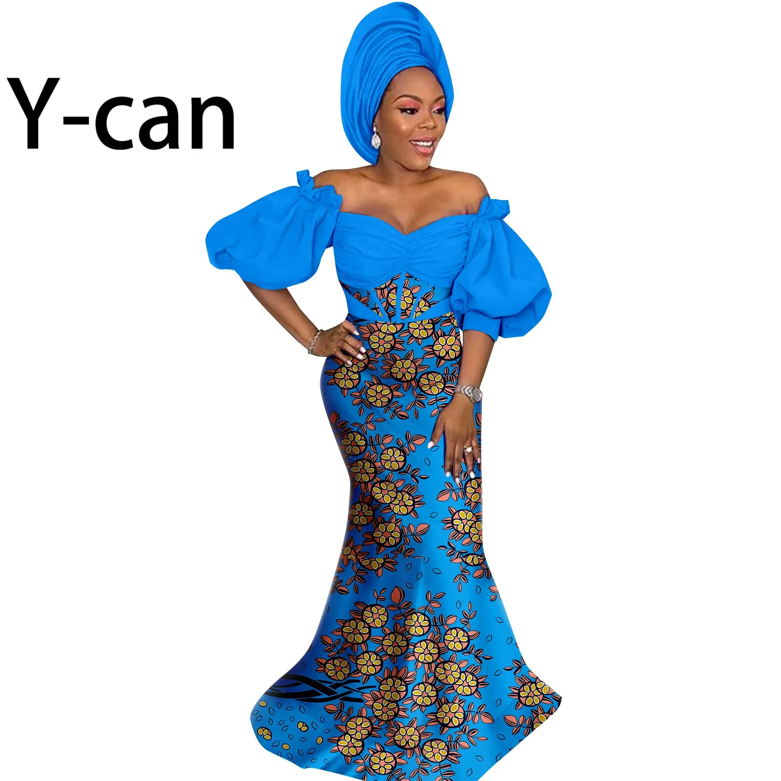 African Party Dresses for Women Dashiki Wax Print One Shoulder Ball Gown Match Headscarf Bazin Riche Lady Sexy Outfits Y2225041