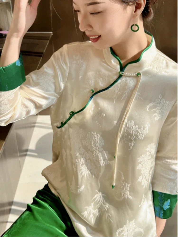 Chinese Style Improved Hanfu Top Women 2023 Spring and Summer Retro Stand-up Collar Long-sleeved Ladies Elegant Jacquard Blouse