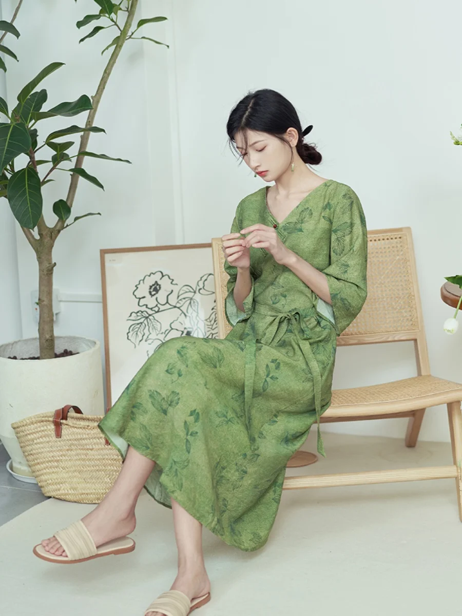 레트로 슬레 젠틀우먼스 리포머드 코튼 린넨 드 플로럴 프린트 A라인 스커트 또는 Sve V넥 여름 드