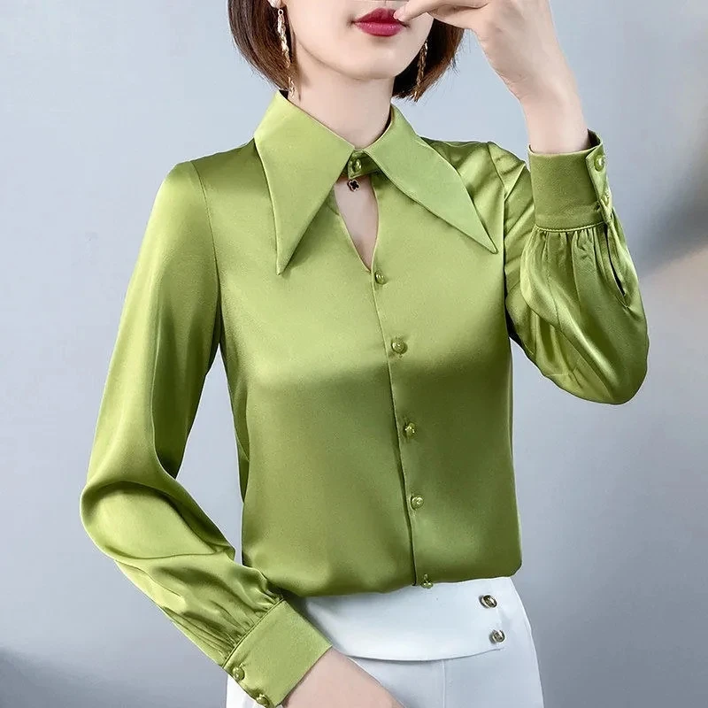 

French Pointed Collar Imitation Silk Shirt Women's Spring Autumn Long-Sleeved Temperament Fashion Buttton Shirt White Blousers