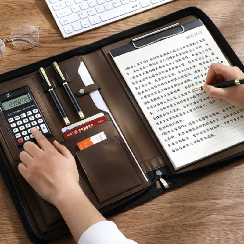 

Multifunctional A4 Conference File Folder Business Stationery Information Leather Bag Contract Zipper Document Storage Clip