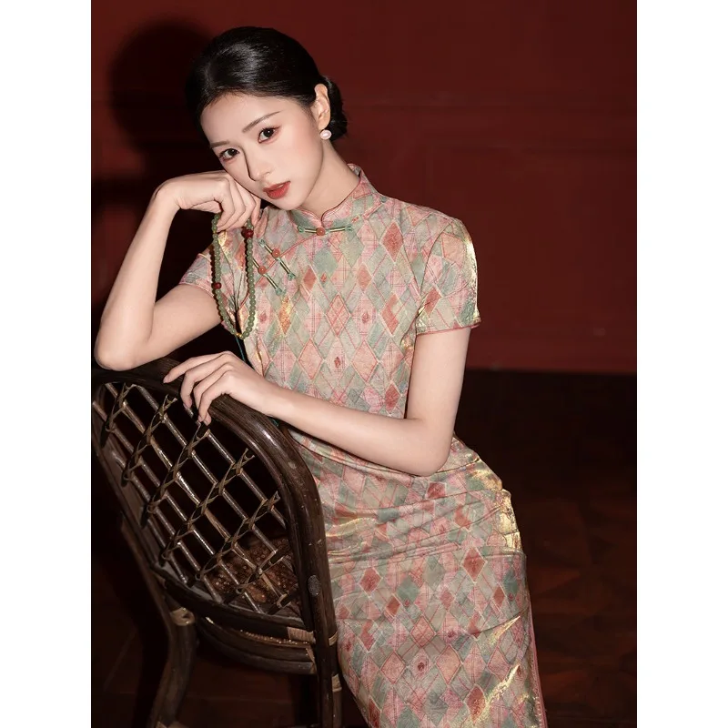 New Chinese-style stunning short-sleeved high-end cheongsam summer daily waist girl plaid temperament skirt