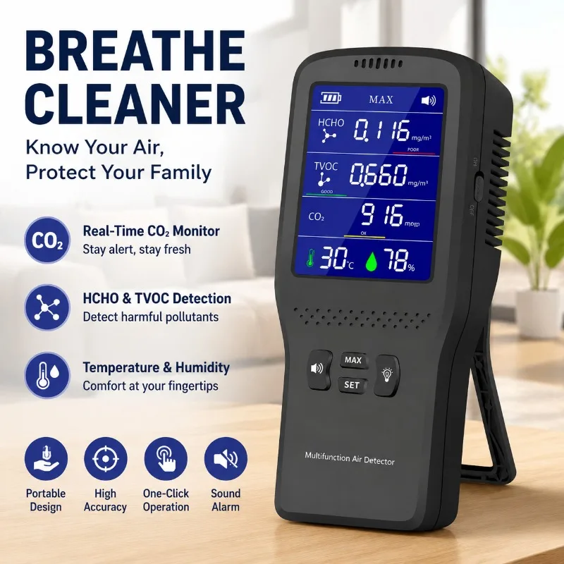 Multifunctional Indoor Air Monitoring Gadget Infrared Sensor Detect CO2 and HCHO Levels Built-in Temperature Humidity Measuring