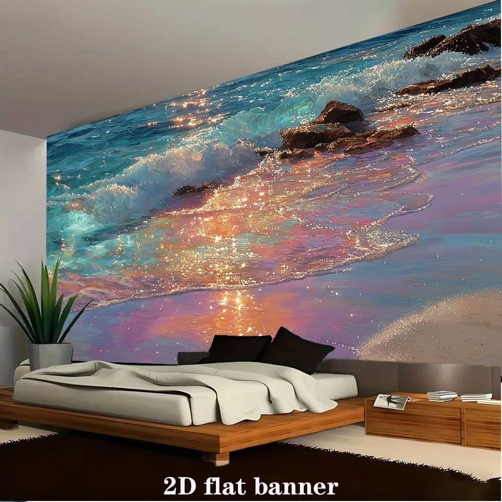 Tapisserie murale pour chambre à coucher, motif Onde Océanique au Coucher du Soleil, Décoration murale pour tête de lit, Ambiance côtière relaxante, Environnement de sommeil serein