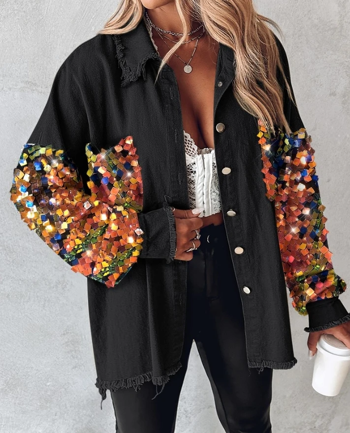 

Contrast Sequin Long Sleeve Jacket Top Button Front Raw Hem Loose Fit Shacket