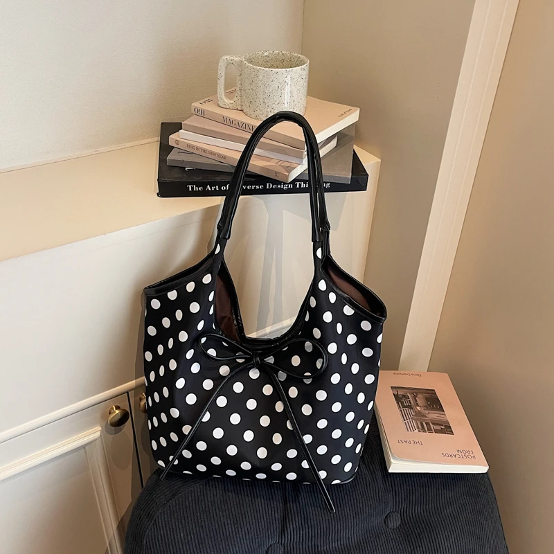 

Винтажная сумка-тоут в горошек с бантом, большая вместительная повседневная сумка через плечо, нейлоновая сумка-хобо, модная сумка для покупок для женщин, новинка 2026 года