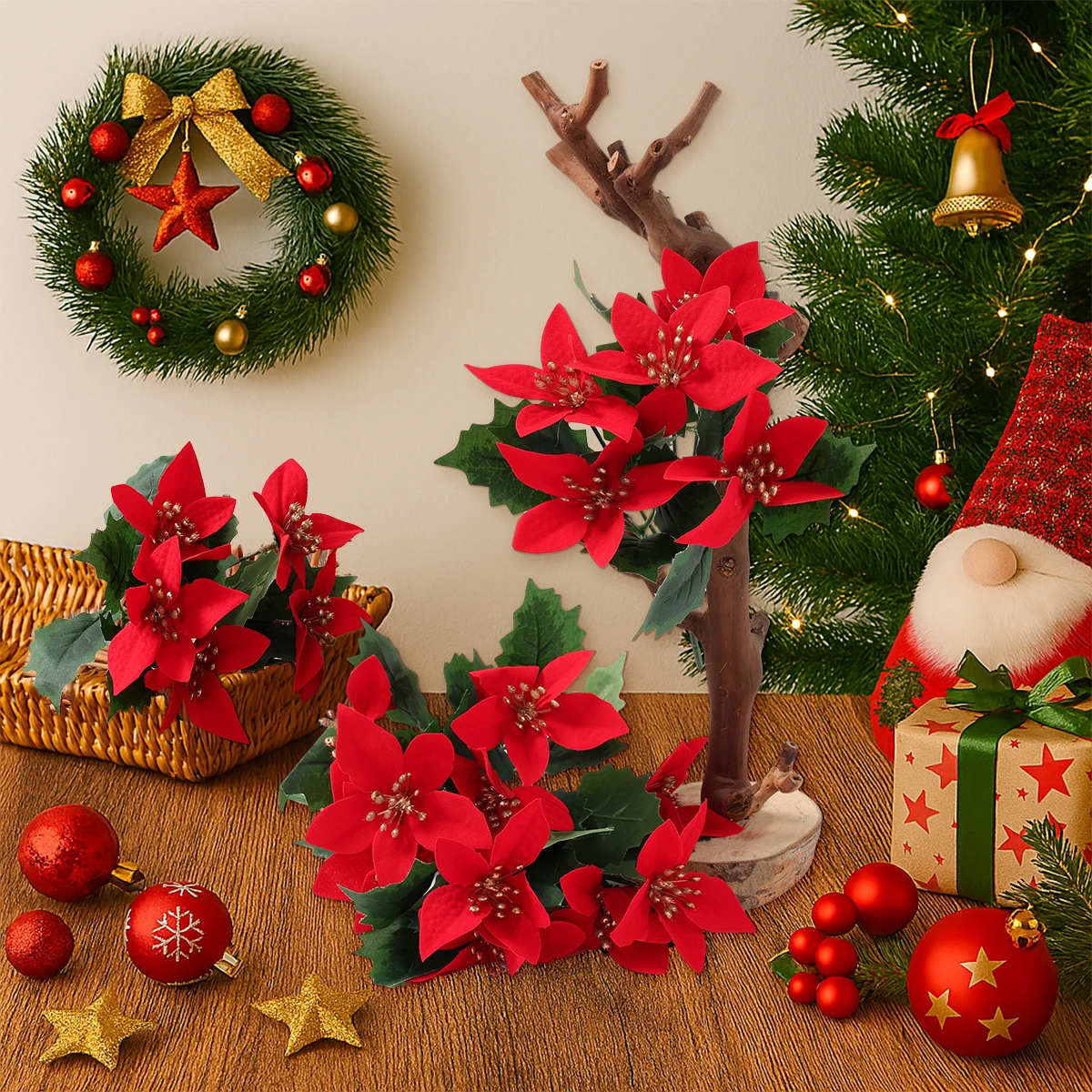 

4pcs Artificial Flowers Christmas Floral for Home 2025 Xmas Tree Hanging Ornaments Fake Flower for New Year Party Gifts 2026