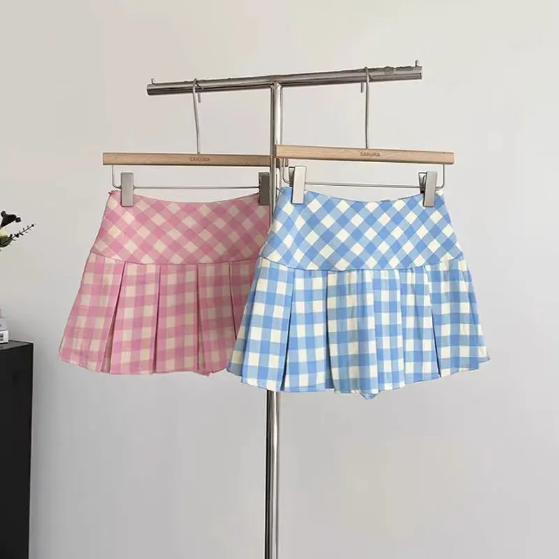Summer Girls Skirts Sweet Plaid Blue Pleated Skirts for Kids Girls Teenager Anti-light Children Clothes High-waisted Skirt