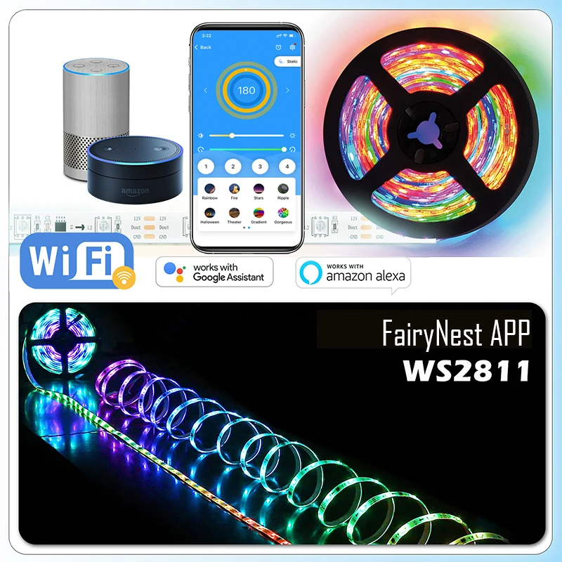 WIFI RGBIC WS2811 Dreamcolor Light Strip Kit Work With Alexa Google Home 12V 5M 10M 60leds/m Flexible Light Tape 38Key IR Remote