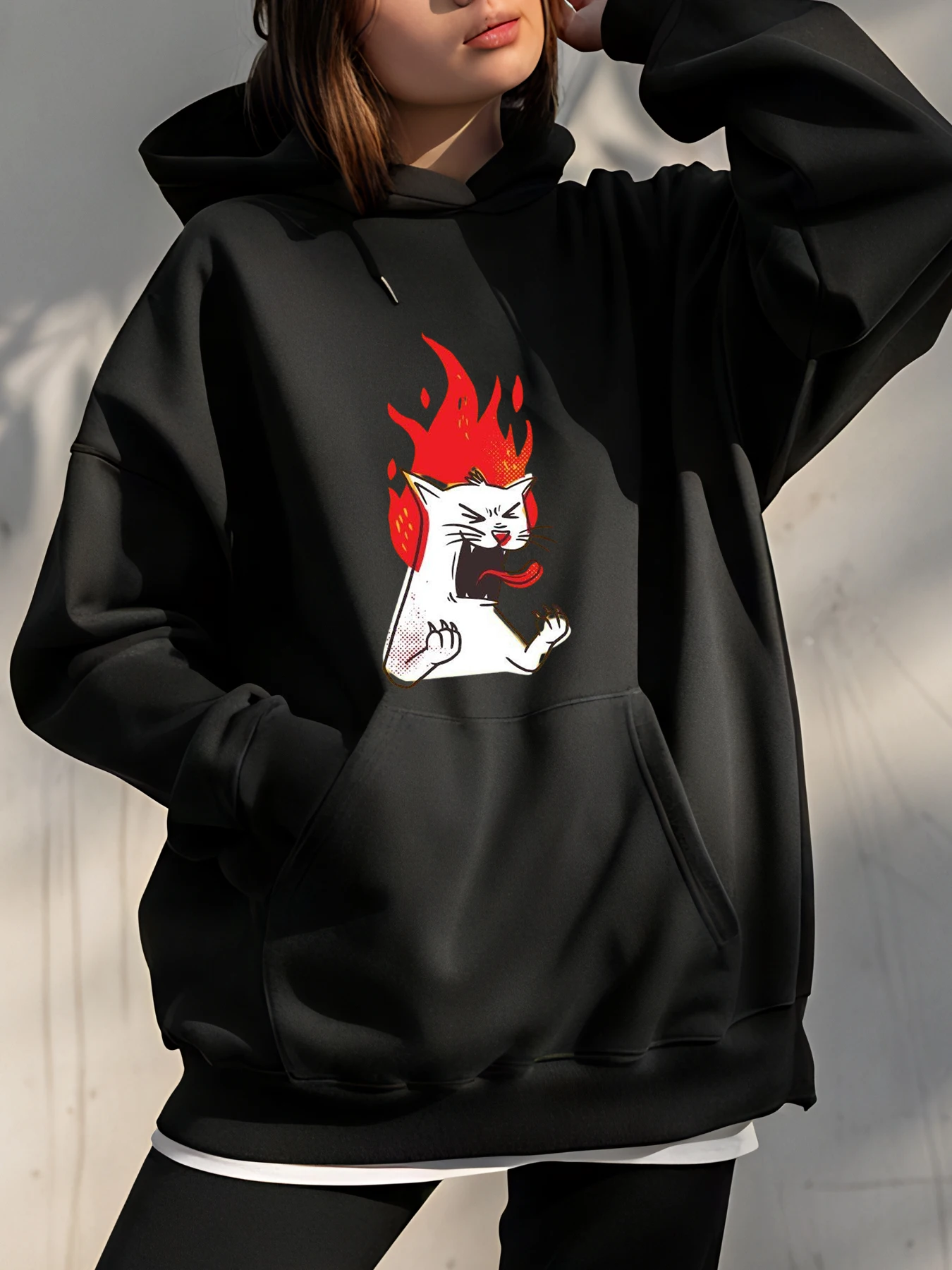 

Толстовка с милым котом и принтом пламени, унисекс, толстовка большого размера, уличная модная молодежная повседневная одежда