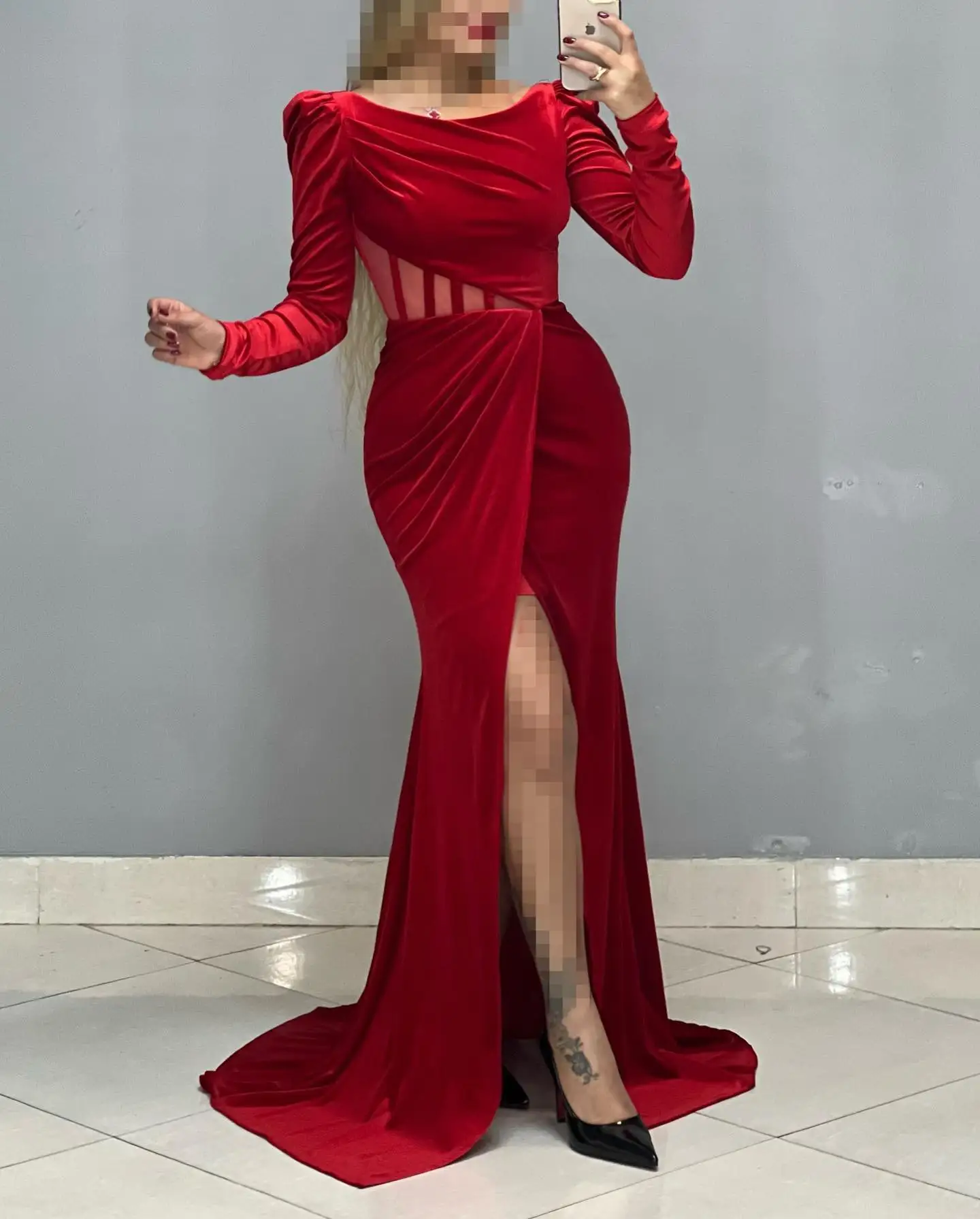 Aangepaste prachtige vierkante kraag zeemeermin avondjurk Hoge kwaliteit velours lange mouwen galajurken Luxe homecoming-jurken