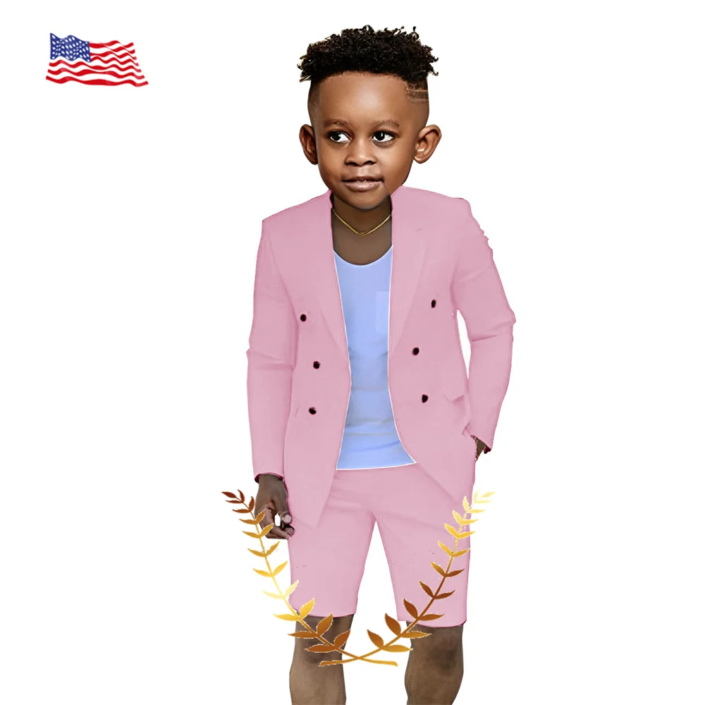 Pink Suit For Boys Wedding Tuxedo Summer Jacket Short Pants 2 Pieces Double Breasted Blazer Kids Clothes Beach Party Suits