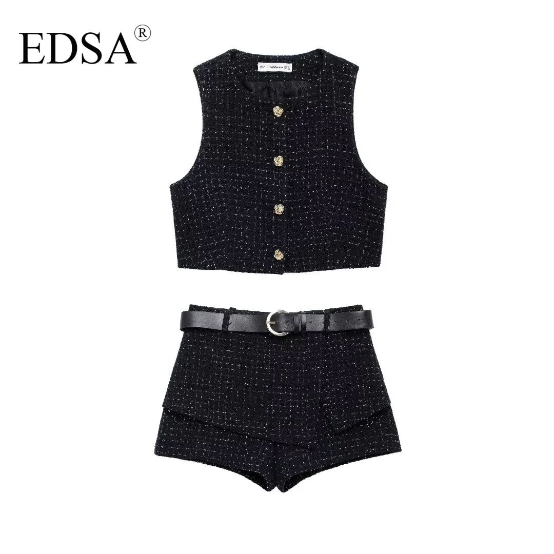 EDSA Women Black Textured Shorts Set 2 Pcs Round Neck Cropped Waistcoat & Shorts Skirt for Female Suits Streetwear