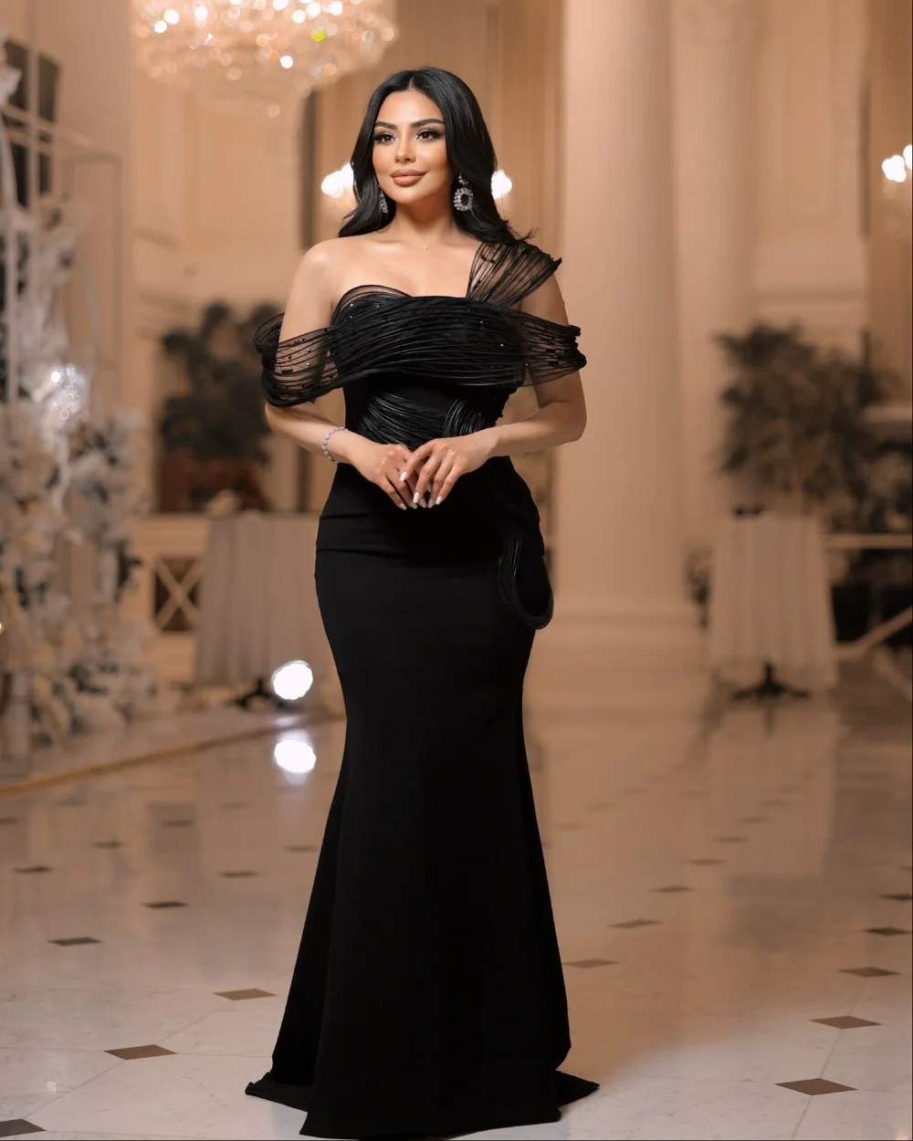 

Customized Intricate Matching Jersey Pleat Rhinestone Mermaid Off-the-shoulder Long Dresses Bespoke Occasion Dresses Fashion