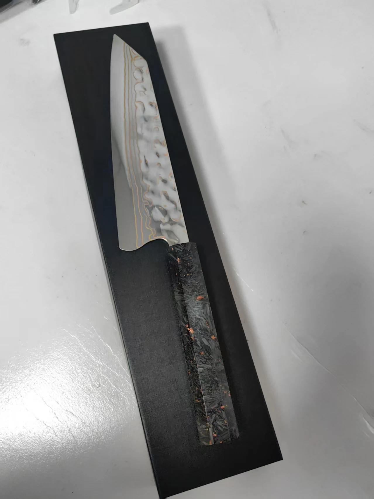 8.3 Inch Kiritsuke Knife Tricolour Copper Damasus Steel Chef Slicing Cleaver Handmade Kitchen Knives Carbon Fiber & Resin Handle