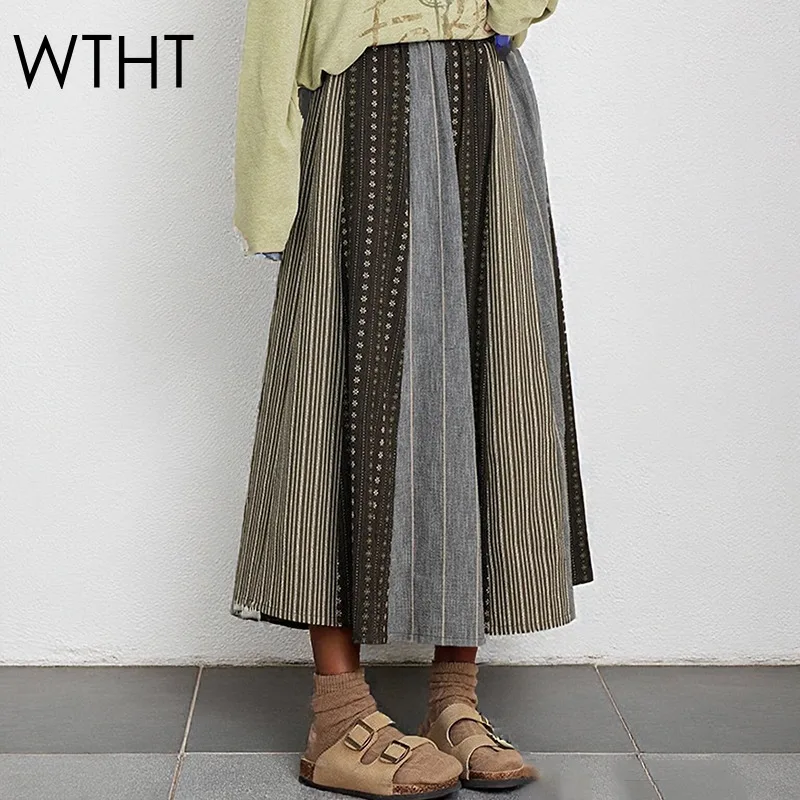 

WTHT модные женские лоскутные полосатые длинные юбки трапециевидной формы, осень 2022, новая эластичная свободная юбка с высокой талией, женская 1LS2672