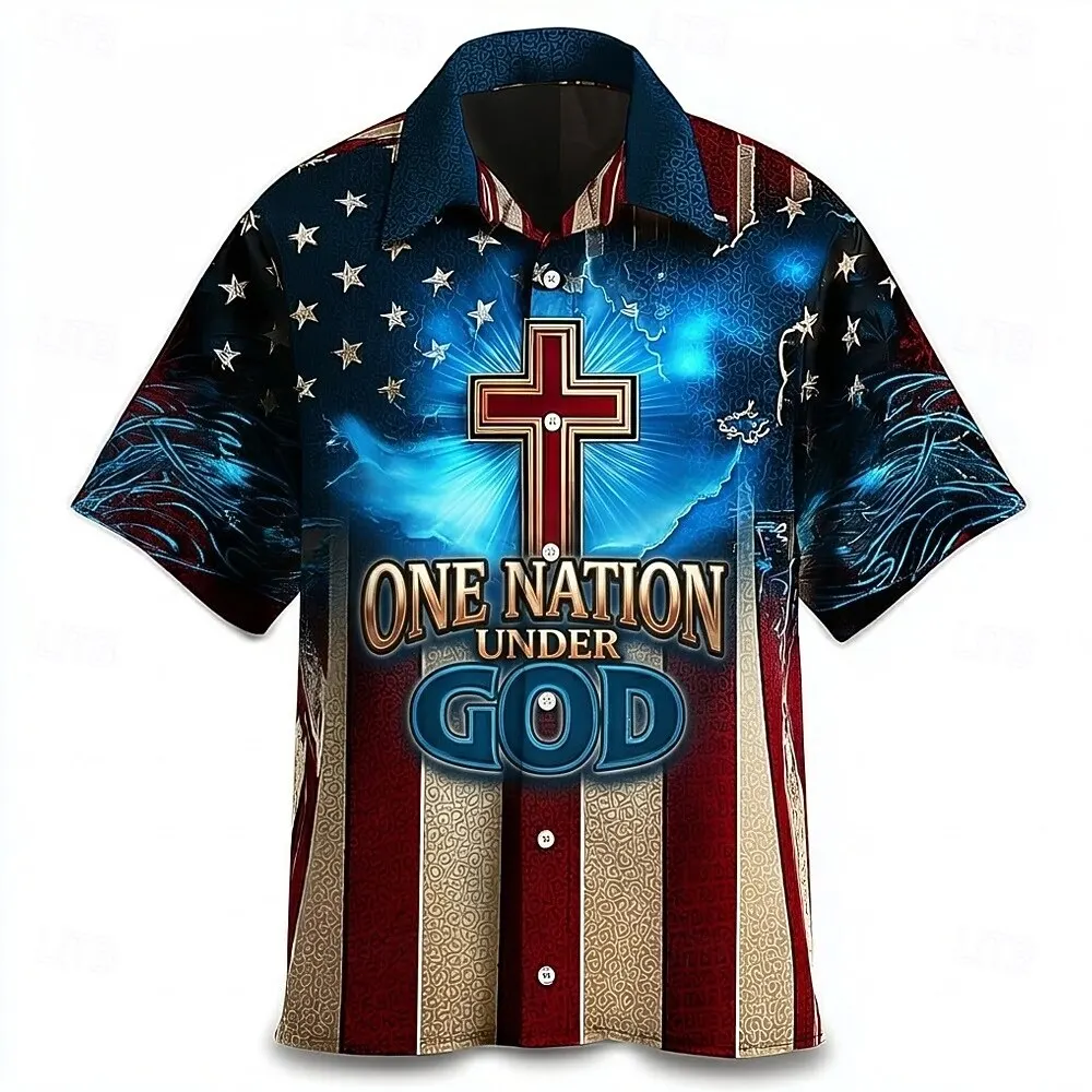 Men's US Flag & Cross Religion 3D Print Short Sleeve Shirt Collar Vintage Streetwear for Vacation Outfit Spring & Summer