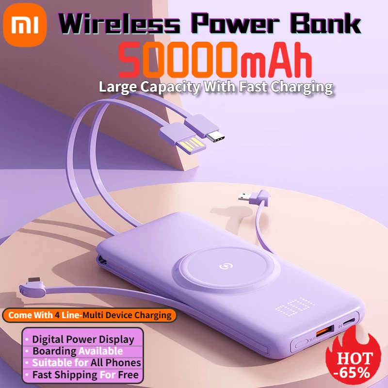 Xiaomi 50000mAh Wireless Power Bank Super Thin Portable Powerbank With 4 Wire Fast Charger External Battery For iPhone Samsung