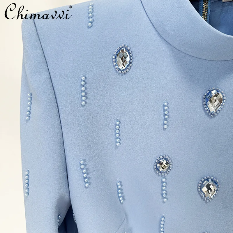 High-End Skirt Suit Autumn Fashion Heavy Beads Diamond Long Sleeve Short Top Skirt Light Luxury Elegant Women\'s Party Two-Piece