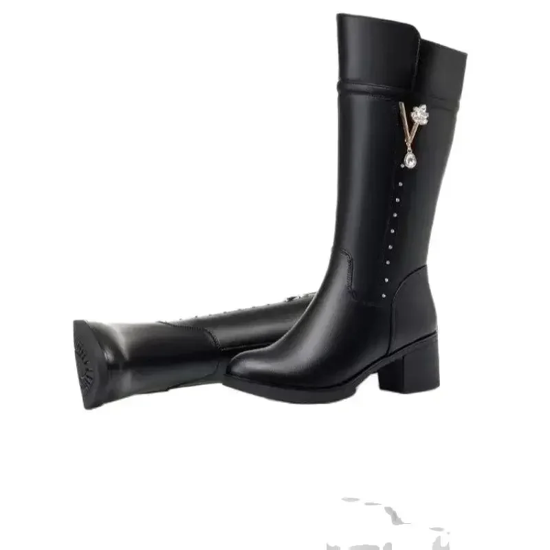 Women\'s Boots Autumn and Winter Wool Warm Thick Heels Fashion New Knee High Boots Leather Round Toe High Heel Women\'s Boots New