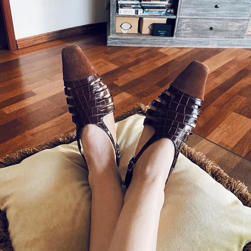 Women's new summer genuine leather cowhide French square toe hollow breathable high-heeled toe closure fashion sandals