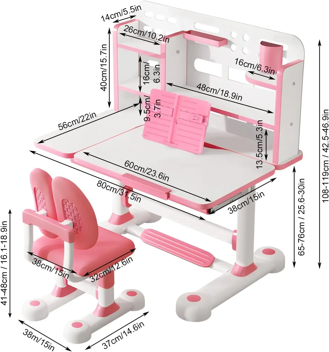 Kids Desk and Chair Set, Height Adjustable Kids Study Desk with Widened Tabletop,Tiltable Reading Stand, Spine Protect