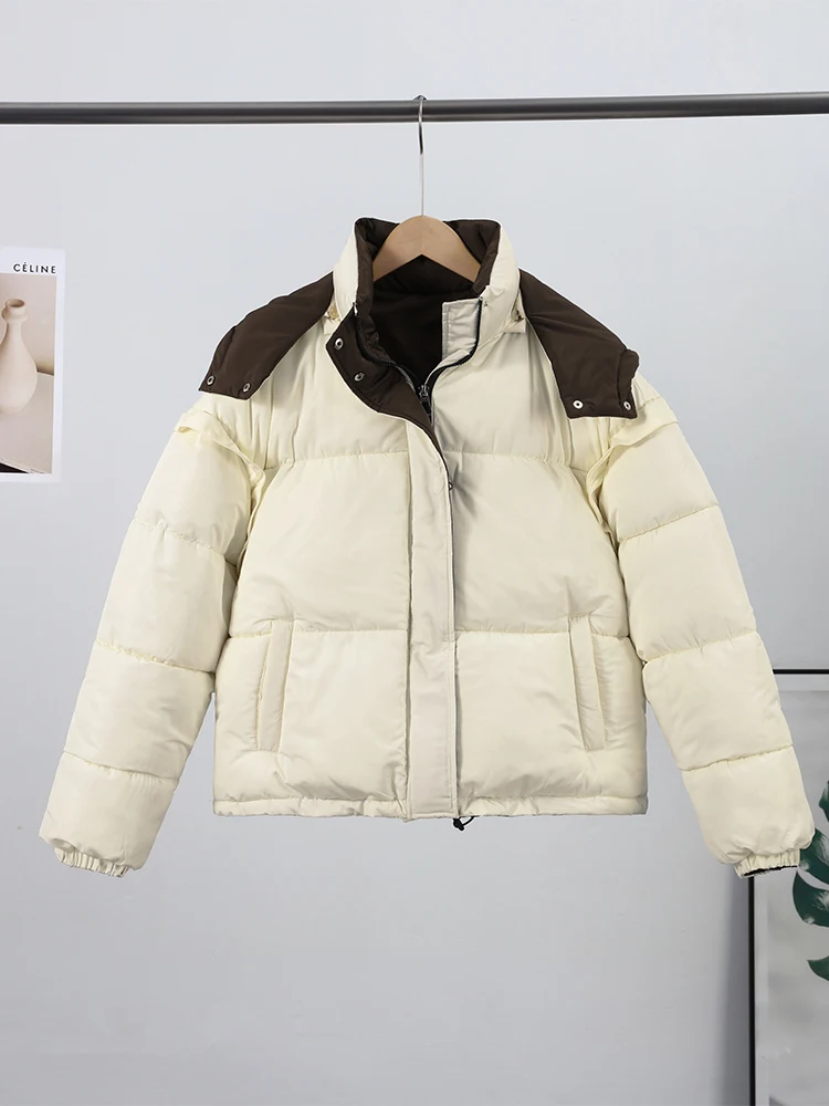 

Winter Women's Hooded Cotton Coat Patchwork Zipper Pockets Thick Warm Puffer Quilted Jacket Fashion Lady Outwears