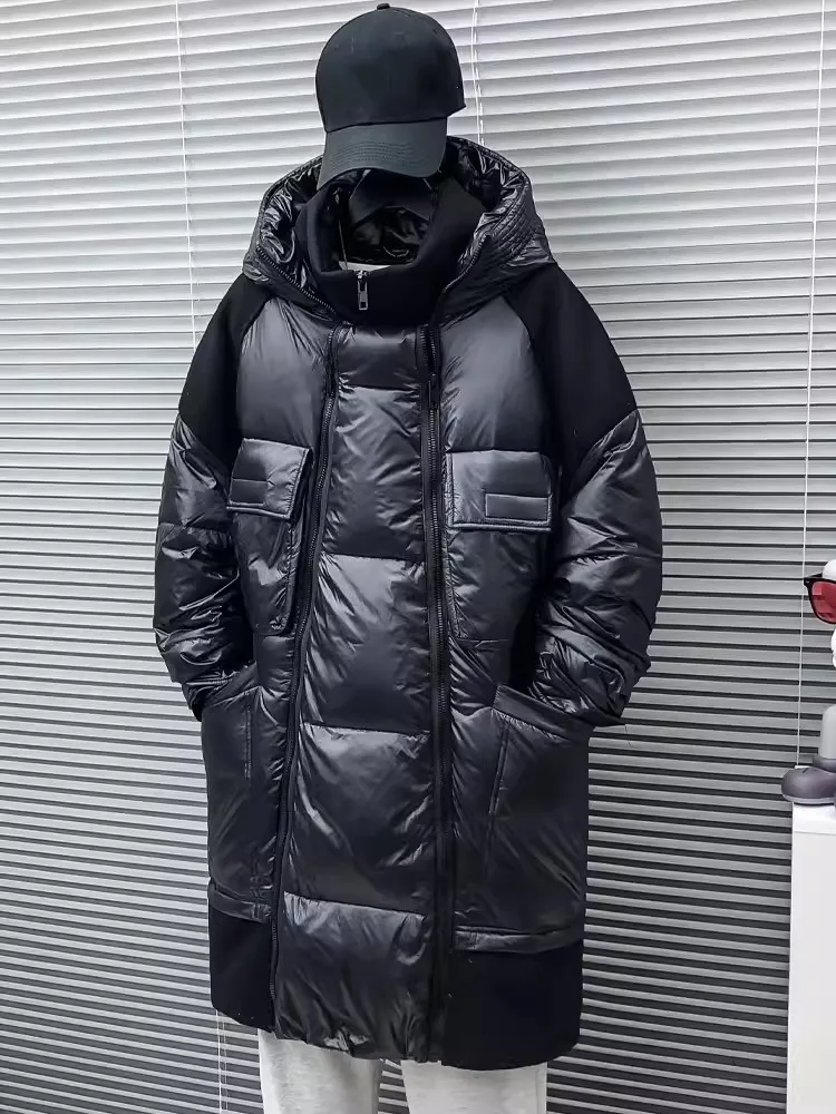 Winter Men Loose Fit Hooded Long Down Jacket Oversized Thick Warm Overcoat Fashion Spliced Multi Pockets Coat Casual Windbreaker