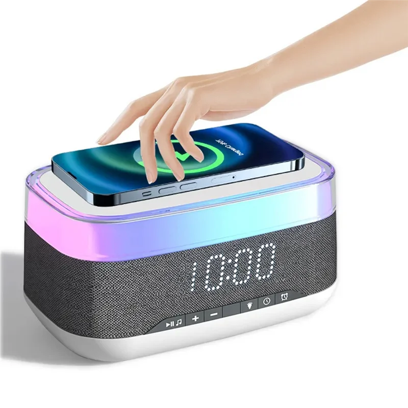 

US Plug, Bluetooth Speaker with Wireless Charging Clock, Bedside Lamp