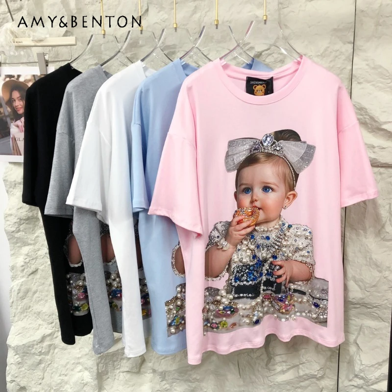 

Fashion Design Sense Beads Tees Heavy Industry Hand-sewn Cartoon Printing Loose Short-sleeved T-shirt Pullovers Y2k Accessories