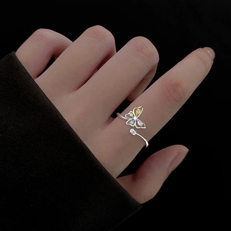 

925 Sterling Silver Butterfly zircon Ring For Women Jewelry Finger Adjustable Open Ring For Party Birthday Gift