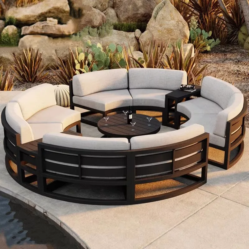 

Nordic outdoor sofa coffee table combination simple leisure sales office outdoor courtyard waterproof and sunscreen circular arc