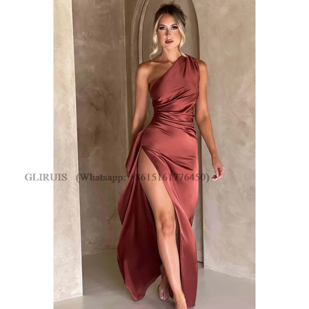 

Satin One-Shoulder Sexy Prom Dresses High Split Bodycon Backless Evening Gowns Elegant Ruched Floor-Length Cocktail Dress