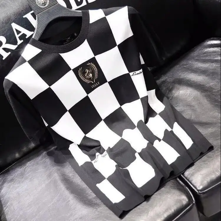 

Мужская модная футболка Slim Fit с коротким рукавом, черно-белая, с круглым вырезом, летняя новинка, дышащая, эластичная, повседневная.