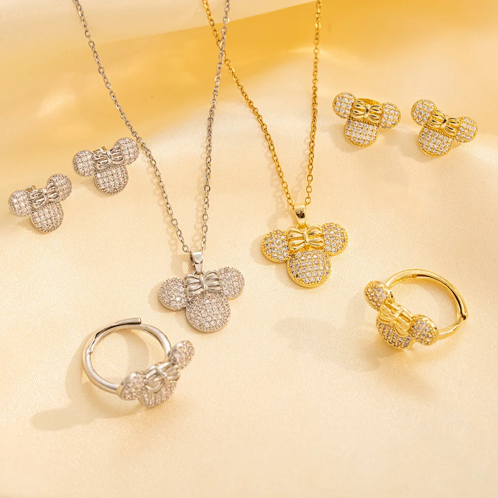 Cartoon Bow Mouse Studded With Zircon Necklace Earring Ring Set for Women Girl Stainless Steel Chain Sweet Gift for Friends Kids