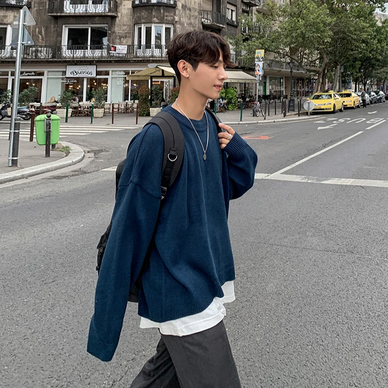 

Korean Sle Men's Sweater Casual Thiened Over-sized round Ne Color Knittedwear Autumn Winter Leisure Cotton Blend