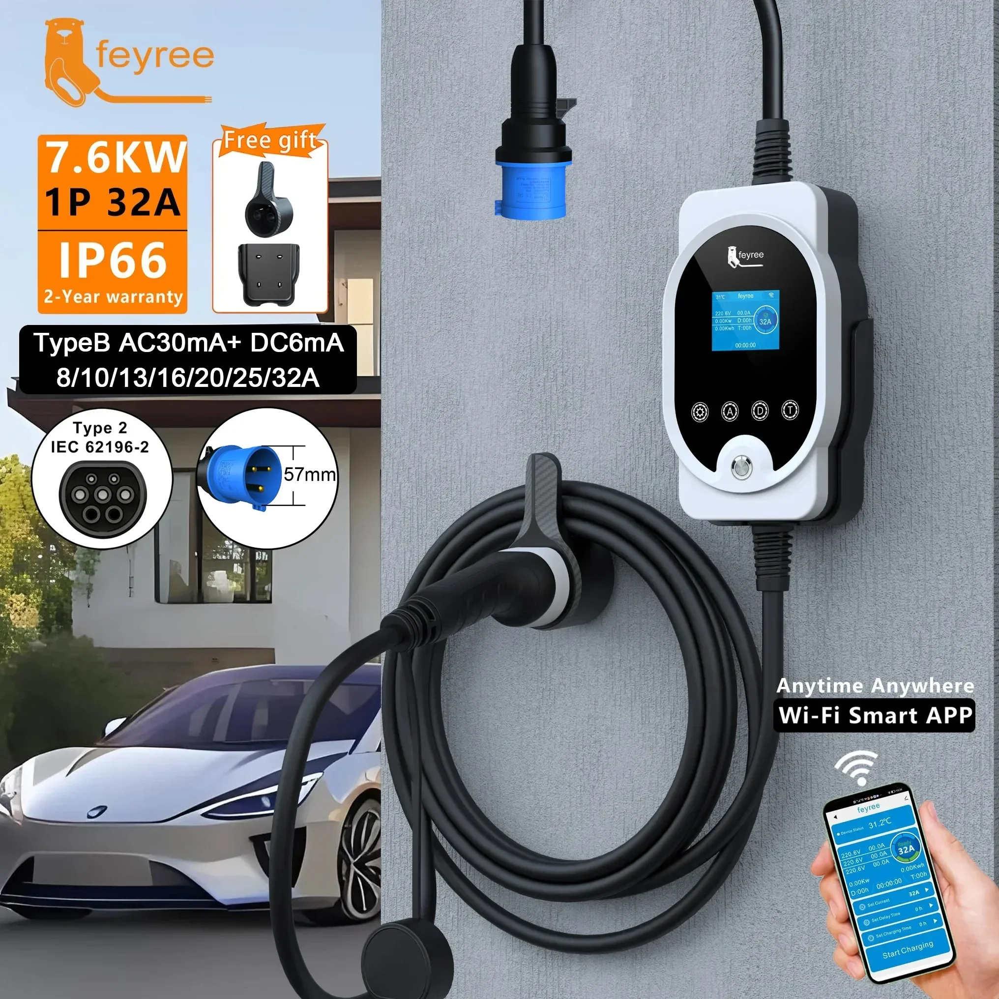 feyree EVSE Wallbox Type2 EV Charger 7KW 32A 1P Fast Charging APP Wi-Fi Control Setting Current & Charging Time for Electric Car