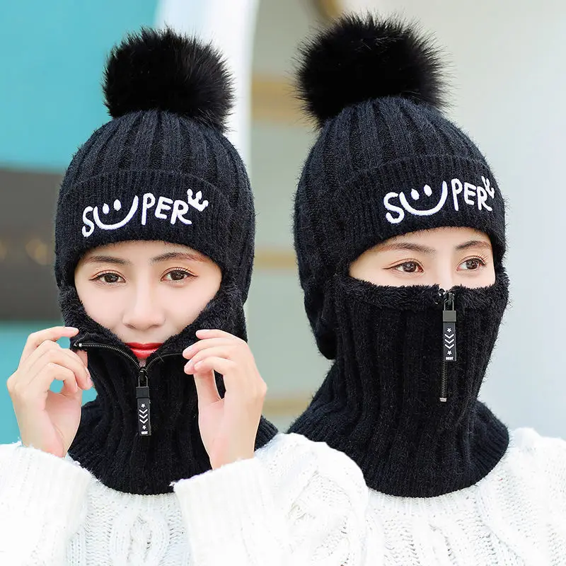 Coral Fleece Knitted Hats Winter Women Earflaps Zipper Scarf Keep Face Beanies Thick Warmer Balaclava Pompoms Skull Caps